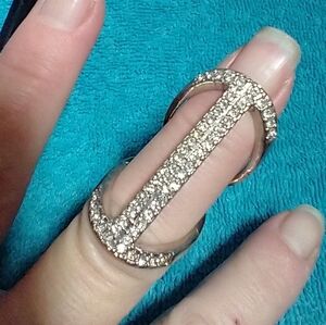 Elegant Silvertone Crystal Ring Long Big Statement